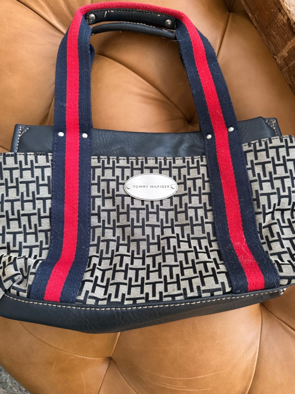 Vintage Tommy Hilfiger Navy & Red Signature Monogram Tote